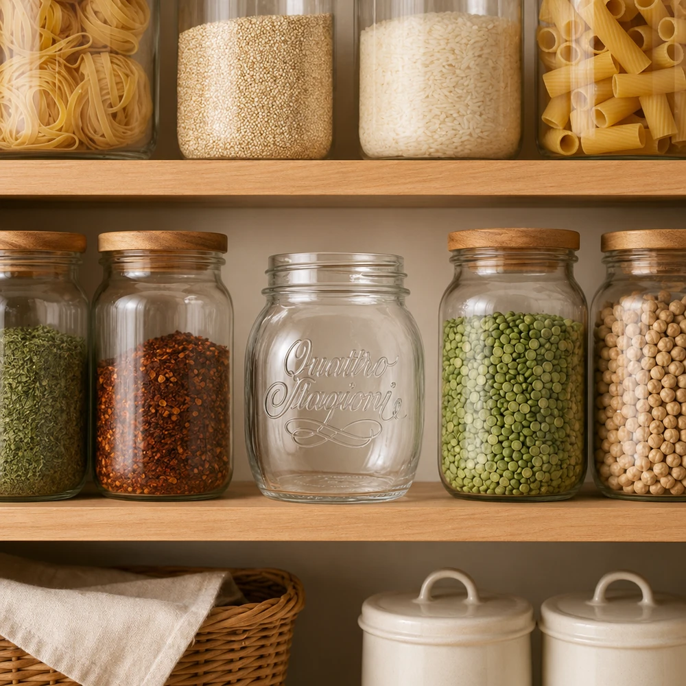 700 ml Quattro Stagioni huishoudpot met houten deksel voor het bewaren van peulvruchten en kruiden in de keuken