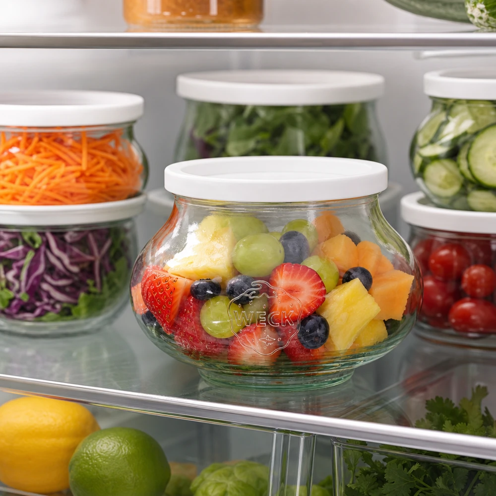 WECK RR80 sierglas van 560 ml met vershouddeksel WECK decoratieve pot 560ml RR80 met fruitsalade in de koelkast naast andere voorraadpotten met groenten en salade