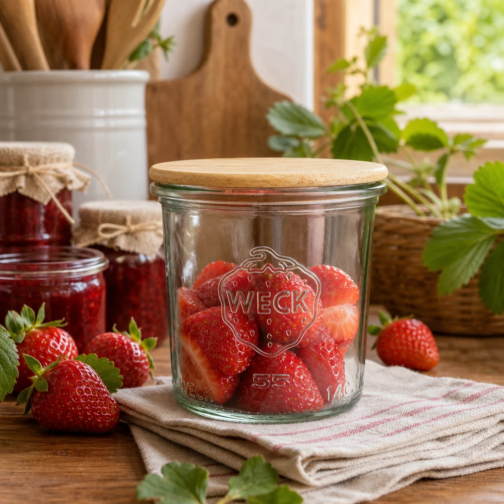 140ml stortglas WECK RR60 met hout deksel WECK RR60 bekers van 140 ml gevuld met verse aardbeien tonen praktisch gebruik in een rustieke keukenomgeving