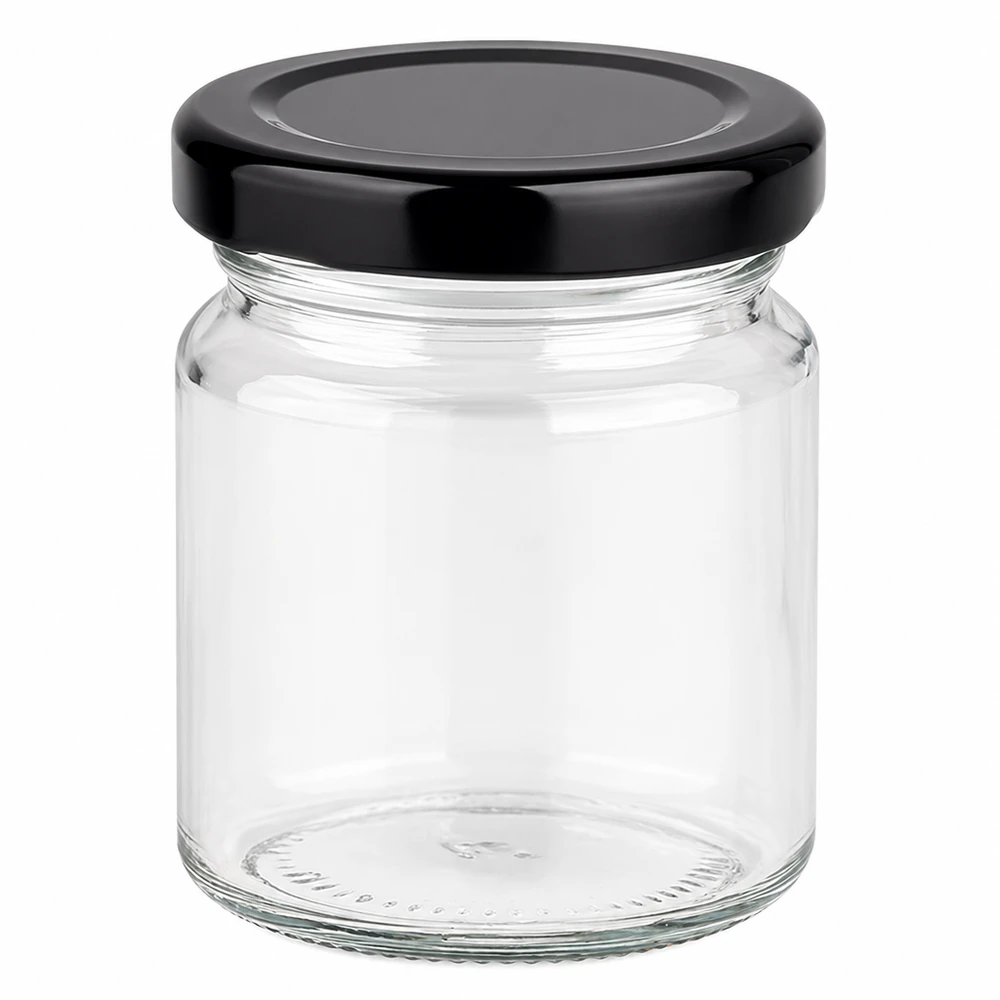 53ml rond glas met BasicSeal deksel zwart UNiTWIST 53ml rond potje met zwart BasicSeal deksel leeg op witte achtergrond klein glazen potje om te bewaren