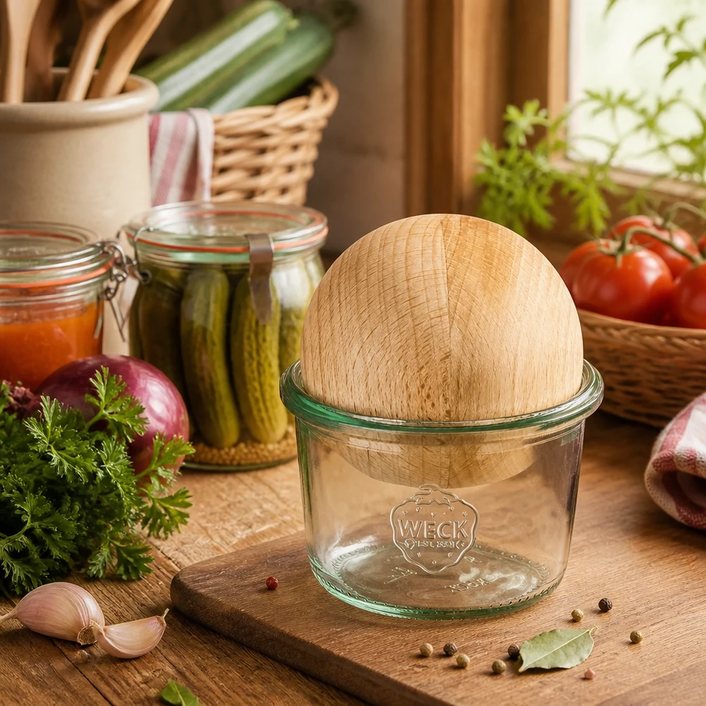 WECK 80ml RR60 mason jar met beukenhouten deksel in een rustieke keuken naast verse kruiden en inmaakpotten