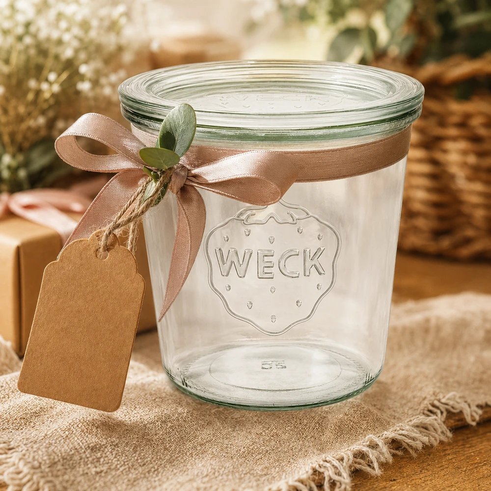 WECK RR100 glazen pot van 580 ml met glazen deksel WECK bekers 580ml RR100 gedecoreerd met een bruine strik en een cadeaulabel als cadeauverpakking