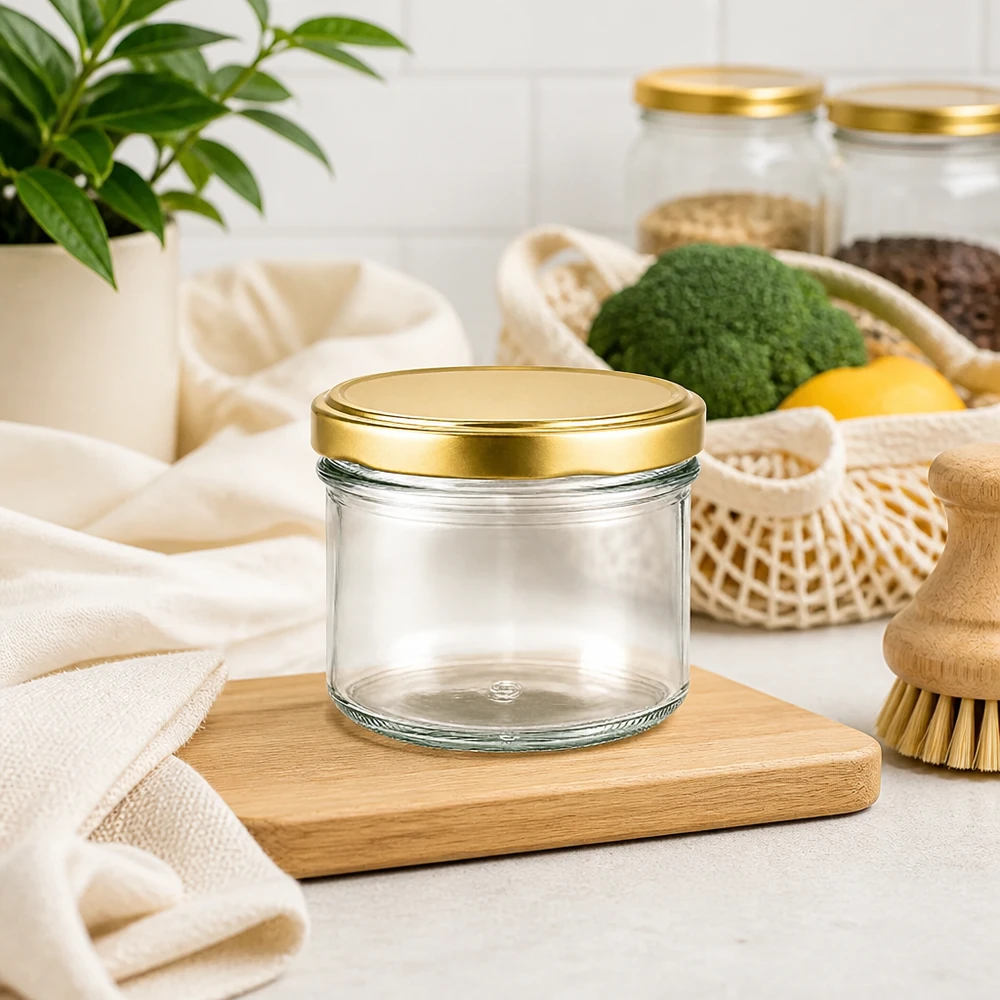 225ml bekers met BasicSeal deksel goud UNiTWIST 225ml beker UNiTWIST goud leeg op houten plank in duurzame zero-waste keuken met groenten en natuurlijke vezels