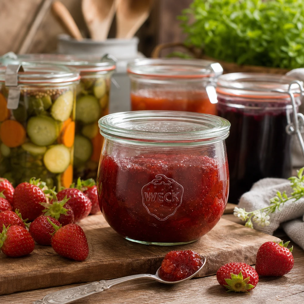 580ml tulpenglas met glazen deksel WECK RR100 WECK tulpenpot 580ml RR100 gevuld met aardbeienjam naast verse aardbeien en ingemaakte groenten op een houten plank