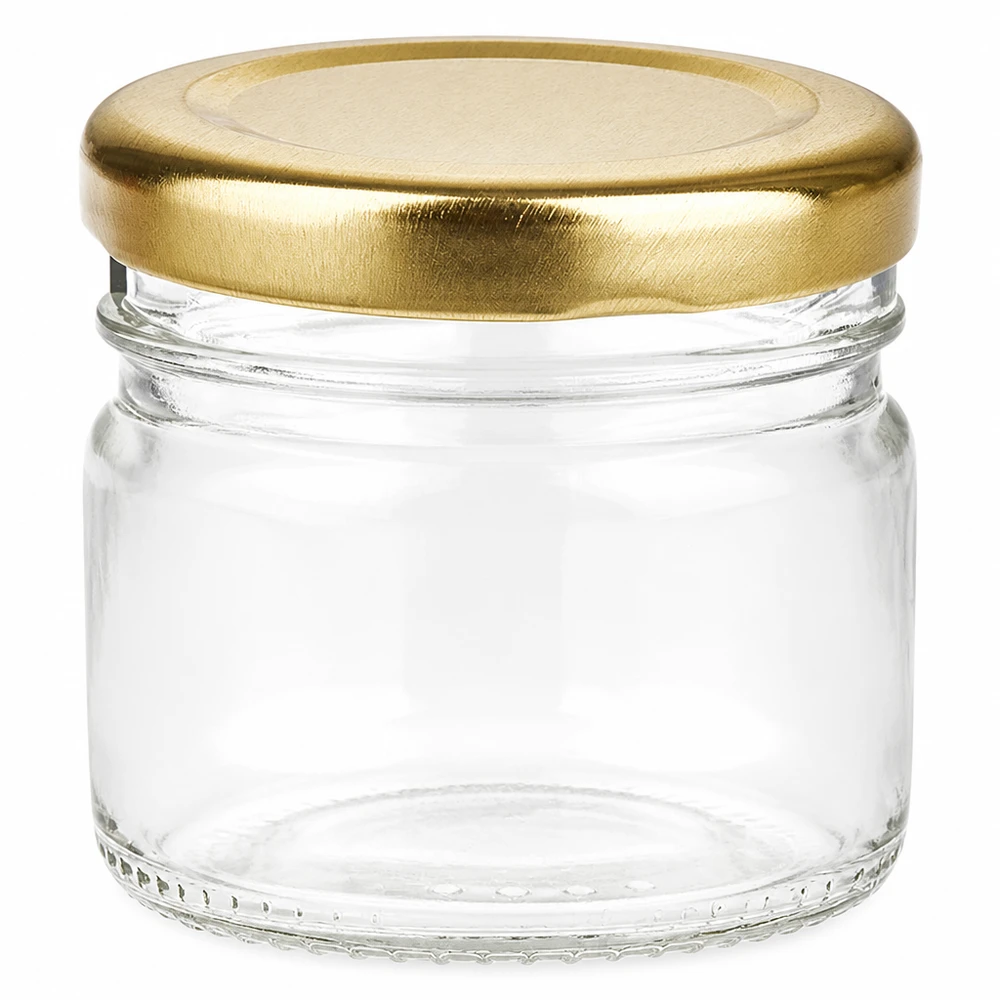 33 ml rond glazen potje + BasicSeal-deksel goud UNiTWIST Helder, cilindrisch rond glas van 33 ml met een goudglanzende schroefdop, geschikt voor levensmiddelen