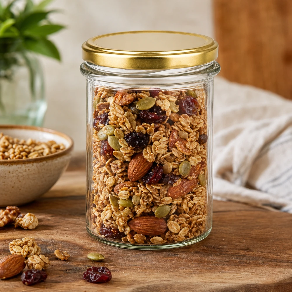 230ml bekers met BasicSeal deksel goud UNiTWIST 230 ml BasicSeal pot met gouden deksel gevuld met muesli, noten en gedroogd fruit voor opslag op een houten tafel
