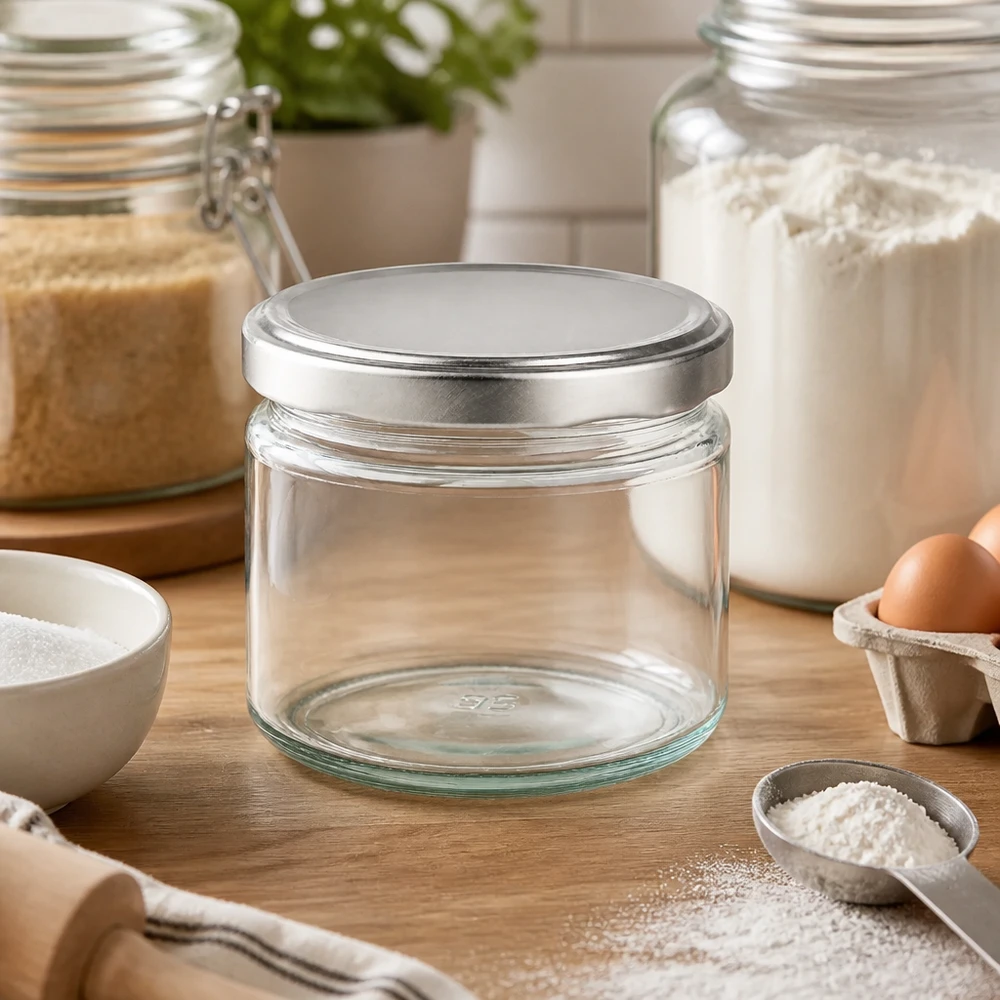 330ml rond glas met BasicSeal deksel zilver UNiTWIST 330ml ronde pot met BasicSeal deksel leeg tussen bakingrediënten op houten tafel Bewaarpot voor keuken en bakken