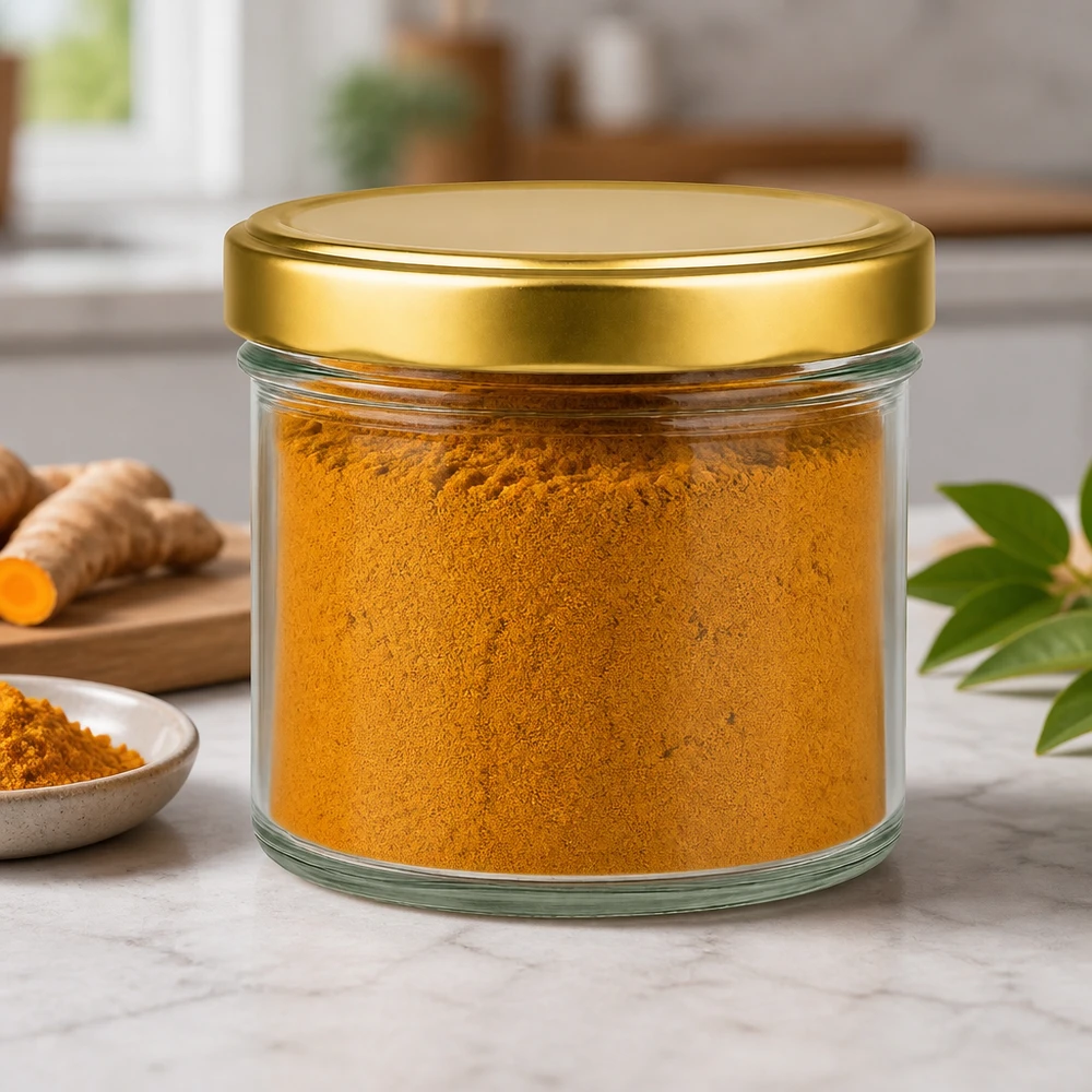 230ml cilindrische pot met BasicSeal deksel goud UNiTWIST 230 ml cilinderpotje met gouden BasicSeal deksel gevuld met kurkumapoeder Kruidenpotje Keukenambiance
