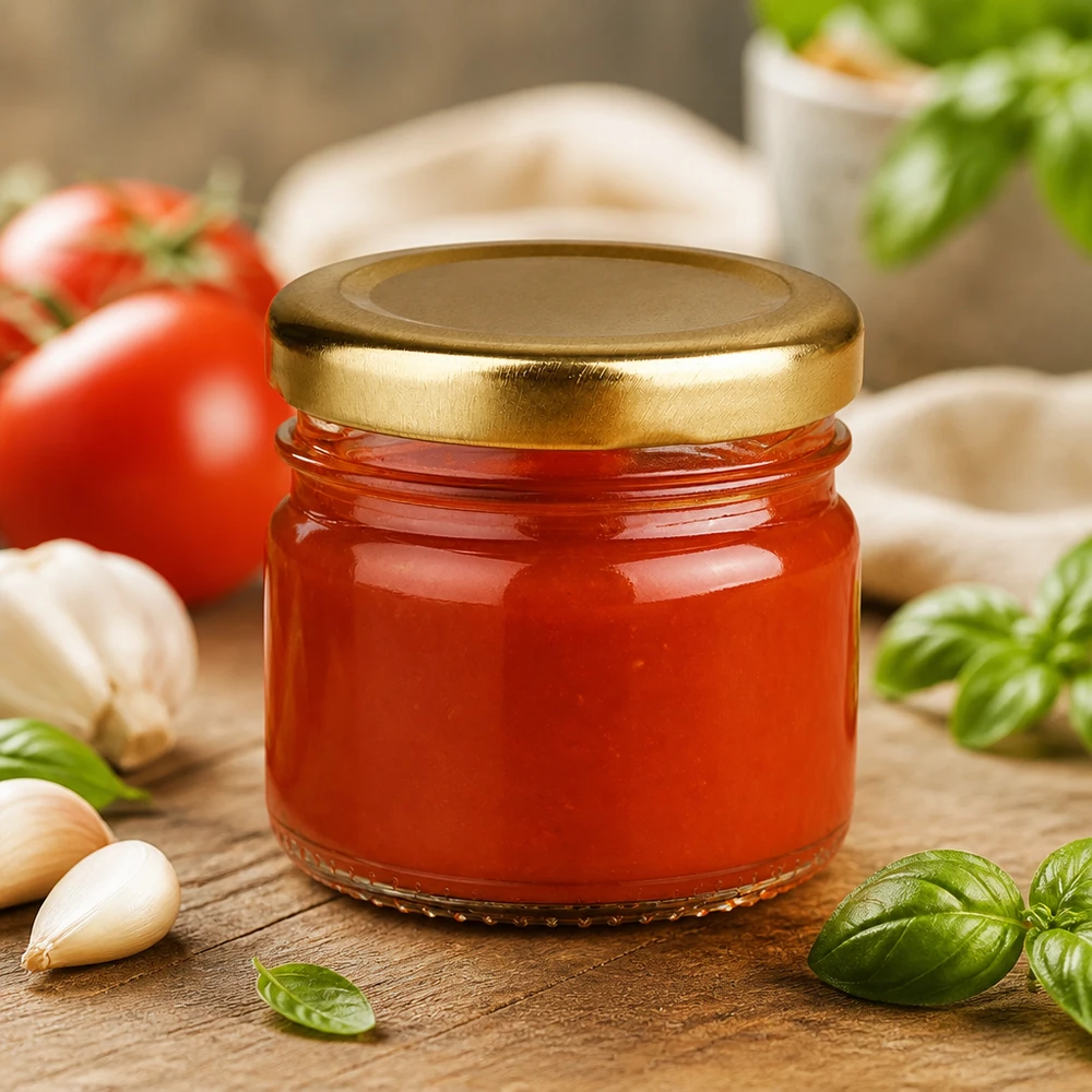 33 ml rond glazen potje BasicSeal goud, luchtdicht afgesloten met tomatensaus en mediterrane ingrediënten