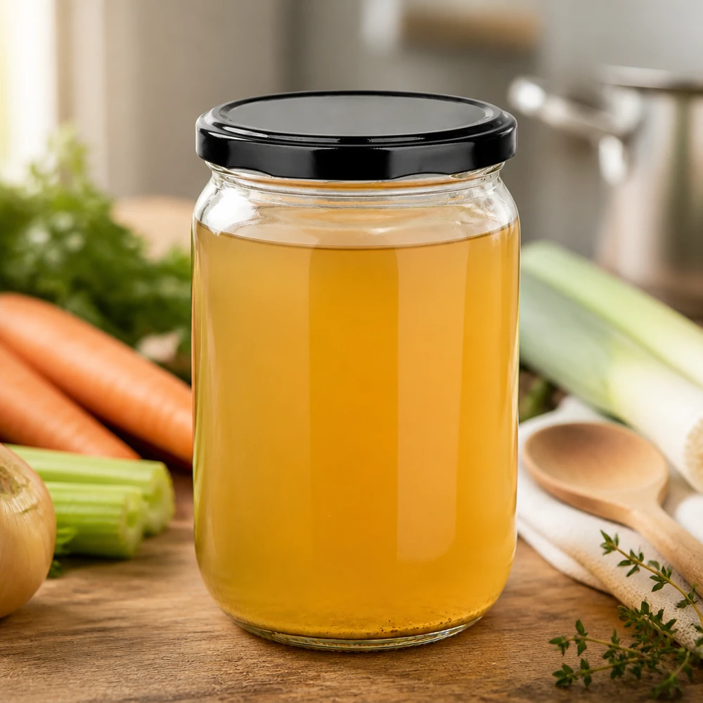 Rond glazen pot van 555 ml met een zwarte BasicSeal-deksel, luchtdicht afgesloten, voor zelfgemaakte bouillon
