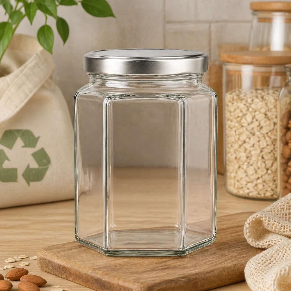 288ml hexaglas met BasicSeal deksel zilver UNiTWIST 288 ml zeshoekige inmaakpot met zilveren deksel op houten plank in duurzame zero-waste keuken met voorraadpotten