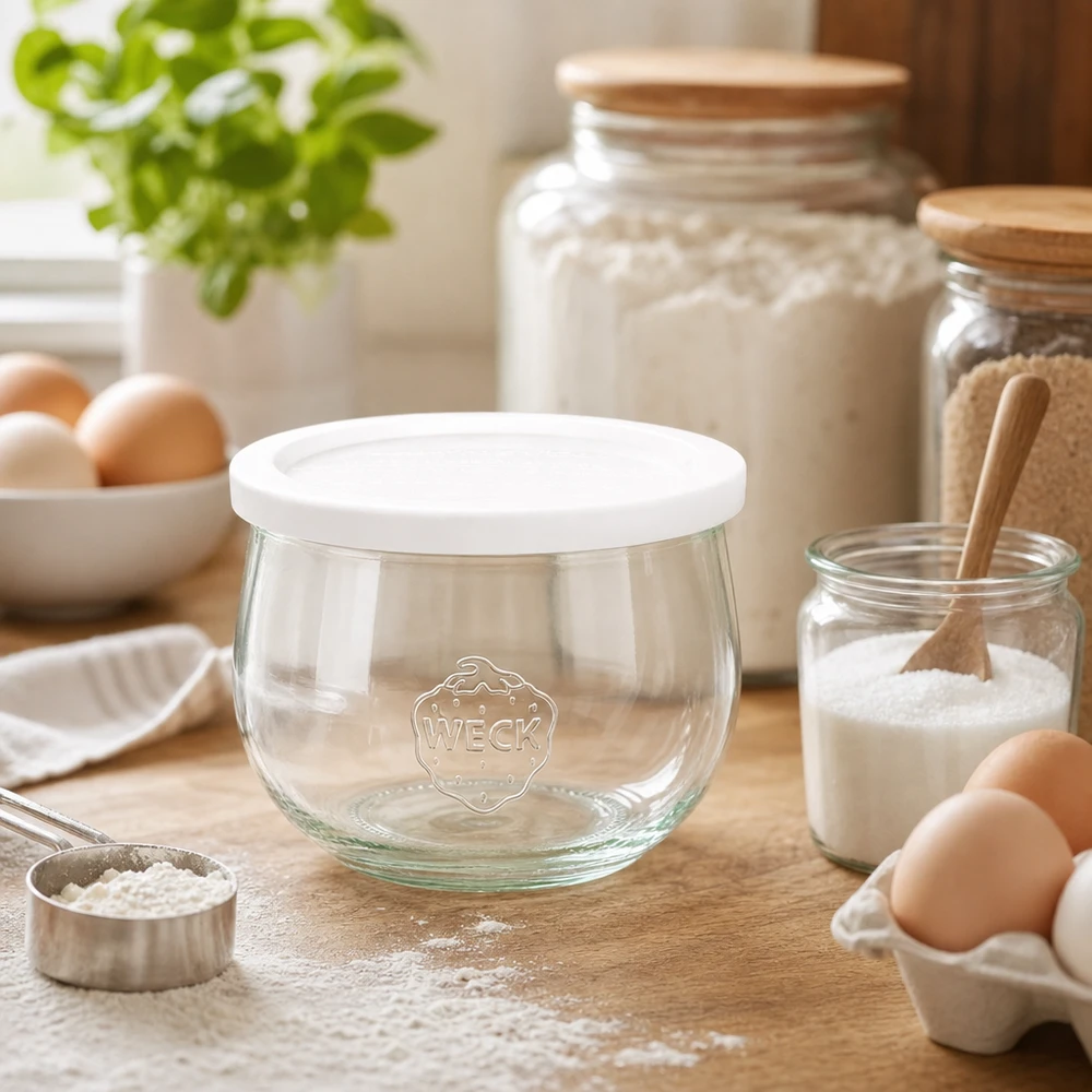 WECK tulpenpot 580ml RR100 leeg met vershouddeksel in bakkerskeuken omringd door bloem, eieren en bakingrediënten