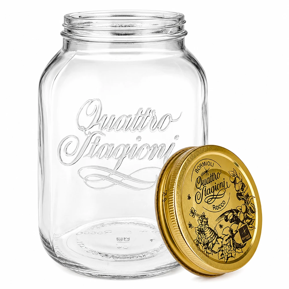 3000 ml rond glas "Quattro Stagioni" met deksel Quattro Stagioni inmaakpot 3000 ml met afneembaar deksel en Italiaanse reliëfdruk voor inmaak
