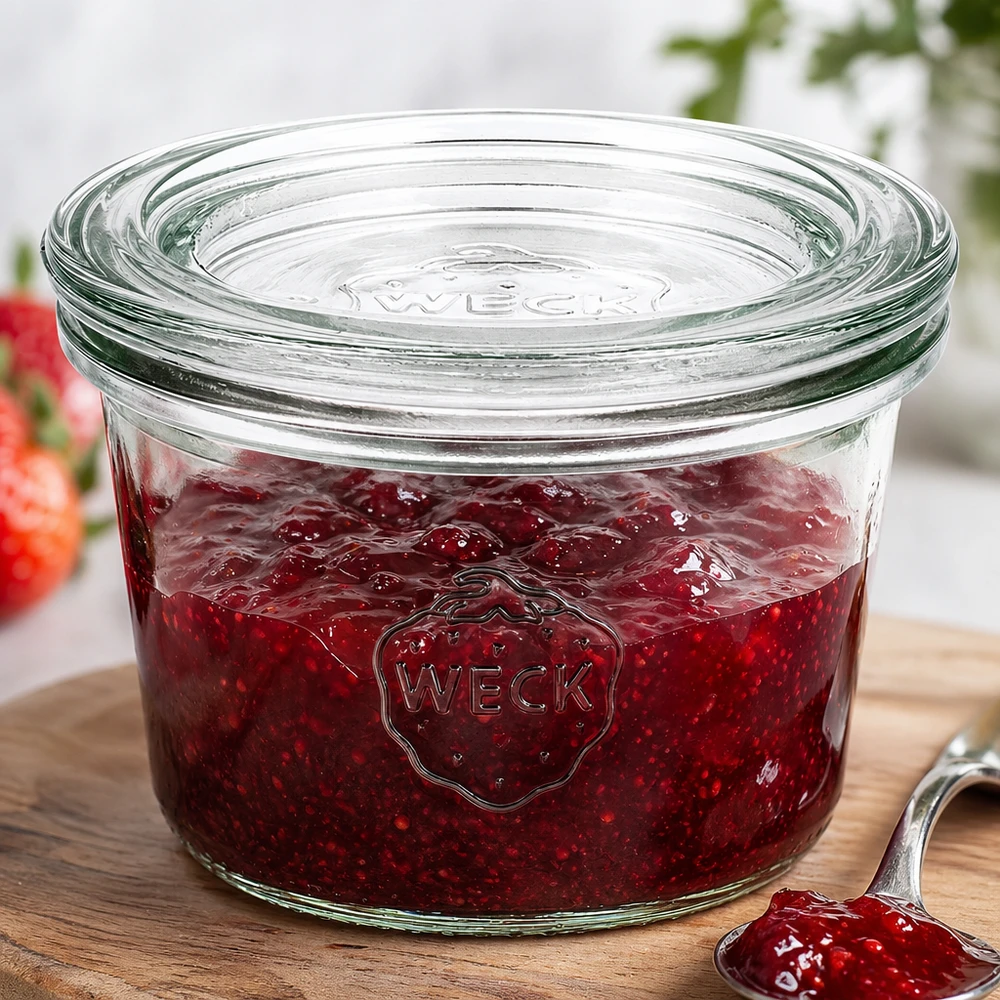 WECK RR60-pot van 80 ml met glazen deksel WECK 80ml RR60 pot gevuld met rode aardbeienjam toont praktisch gebruik voor het bewaren van jam