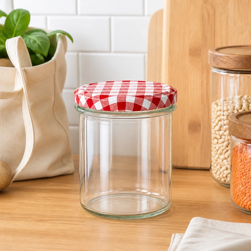 350ml bekers met BasicSeal deksel rood/wit UNiTWIST 350ml Sturzglas mit rot-weiß kariertem Deckel in moderner Küche, ideal zur stilvollen Aufbewahrung von Lebensmitteln