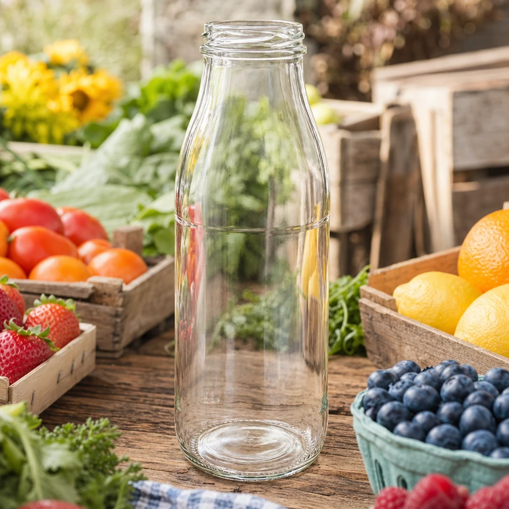 500ml glazen fles TO48 UNiTWIST leeg op een rustieke houten tafel omringd door vers fruit en groenten in houten kratten