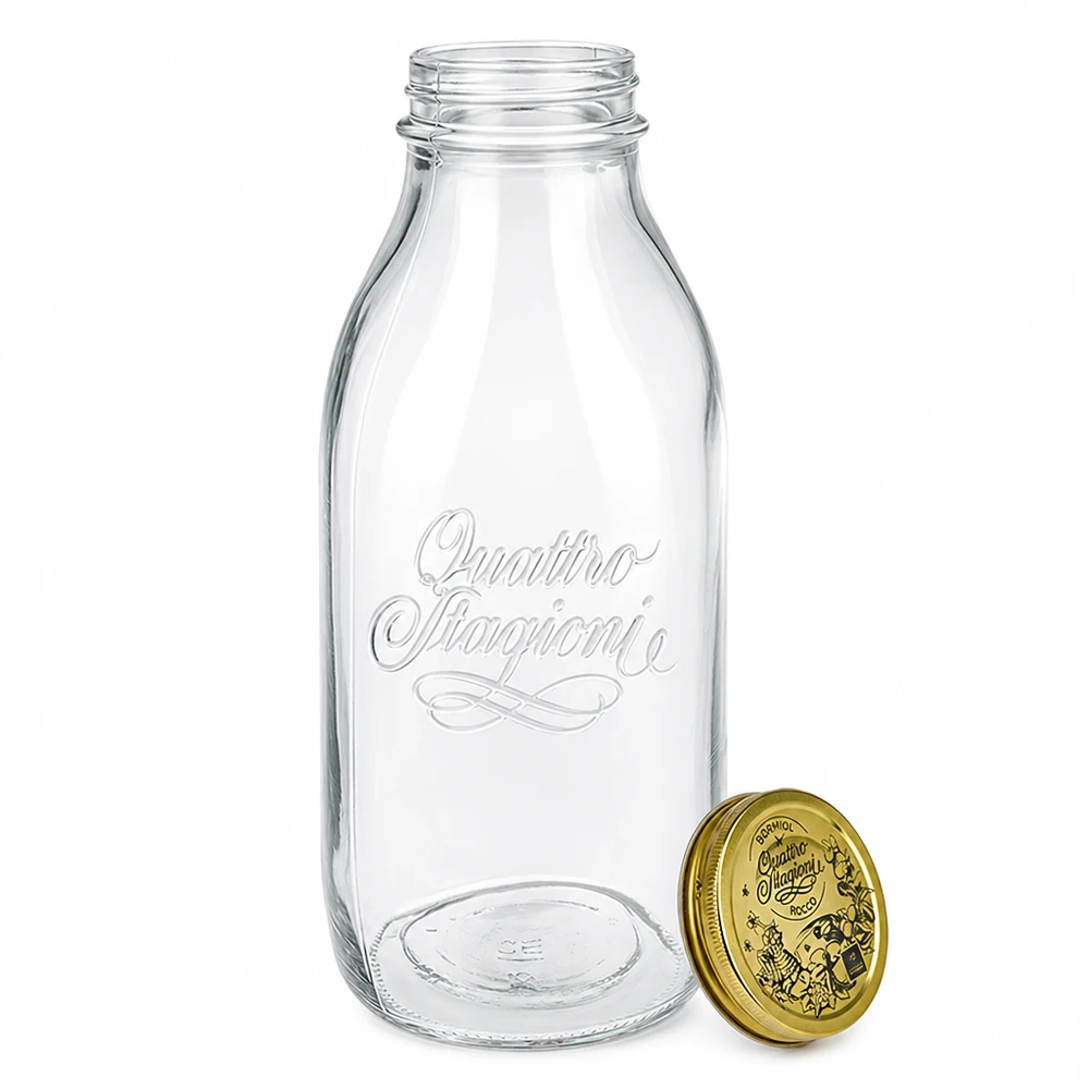 1000ml glazen fles "Quattro Stagioni" met deksel Quattro Stagioni glazen fles 1000ml met afneembaar gouden deksel, reliëfletters, klassiek melkflesontwerp