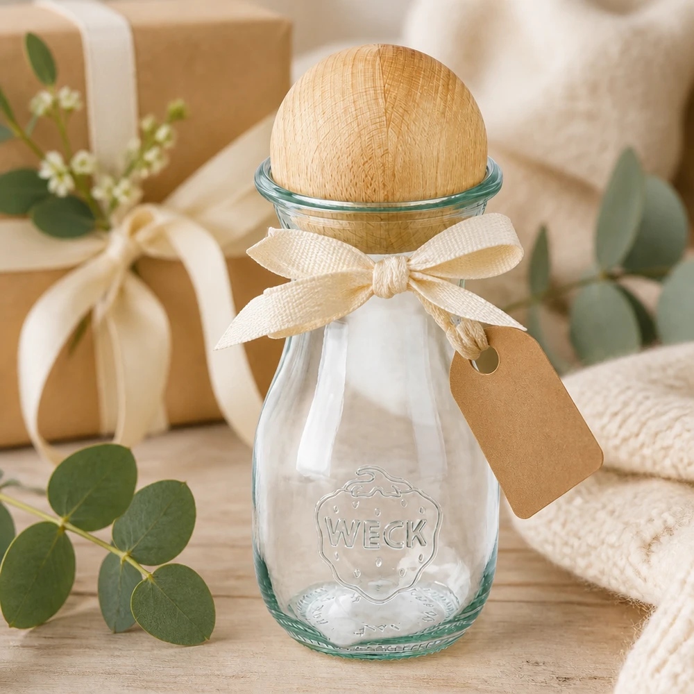WECK sapfles 290ml RR60 geschenkverpakking met strik en label naast eucalyptusdecoratie