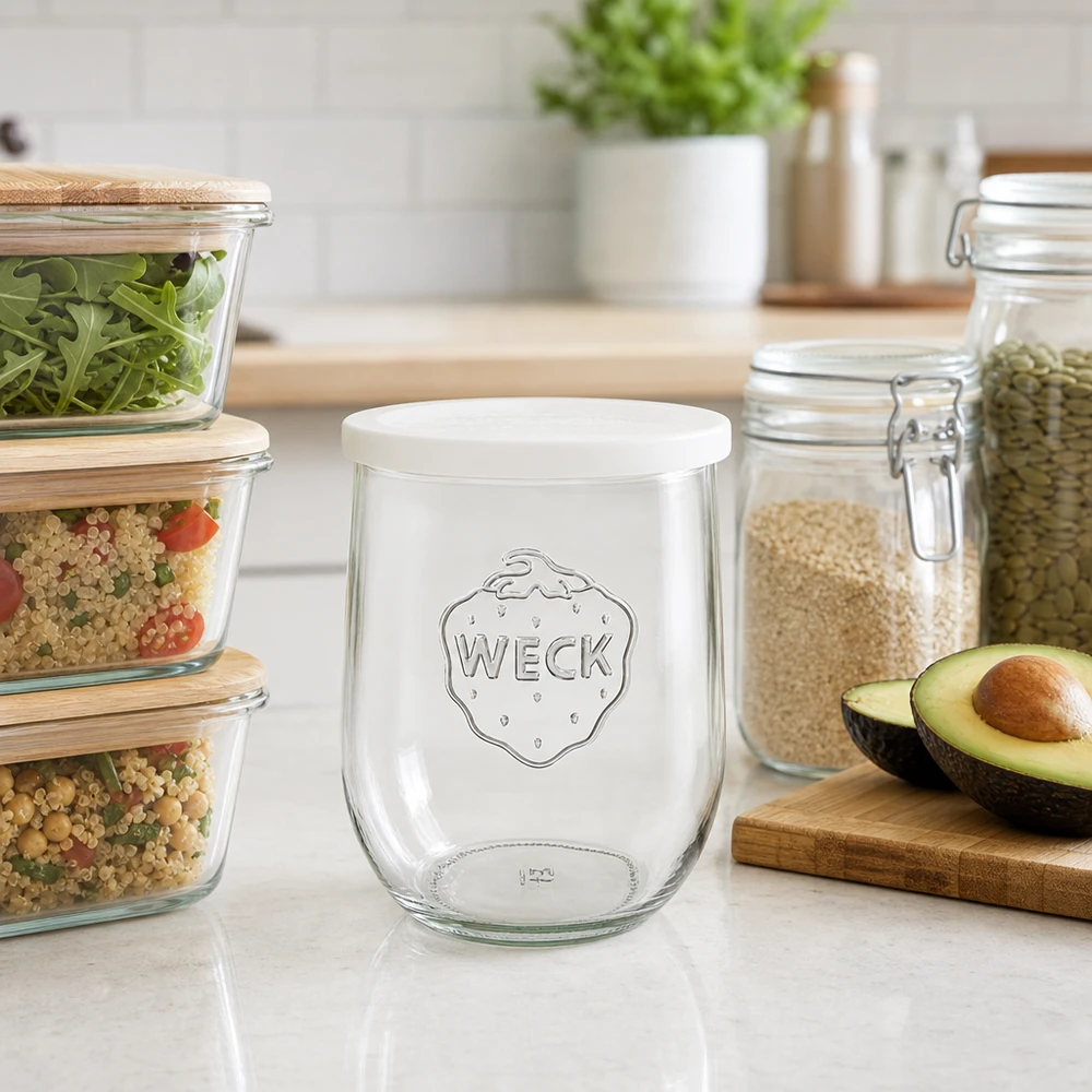 WECK Tulpenglas 1062ml RR100 auf Küchenarbeitsplatte zwischen Vorratsgläsern und Avocado als stilvolles Küchenzubehör