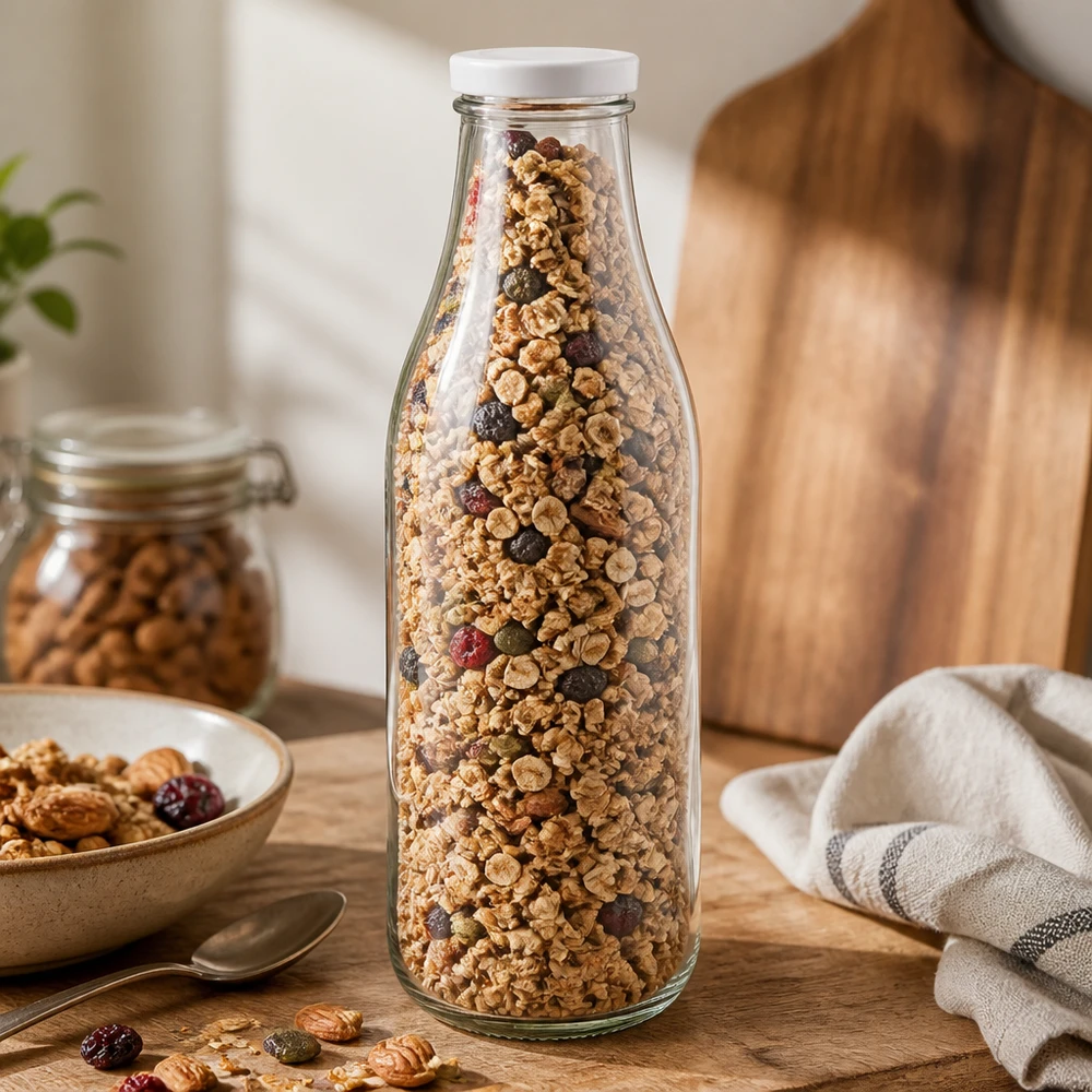 1000ml fles met BasicSeal deksel wit UNiTWIST 1000ml glazen fles met BasicSeal deksel wit gevuld met muesli granola noten gedroogd fruit bewaren