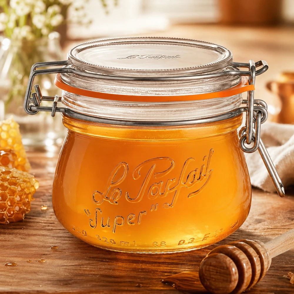 Le Parfait® pot 250 ml Ø70 mm voorraad 250ml Le Parfait Super voorraadpot met draaidop gevuld met honing op houten plank met honinglepel