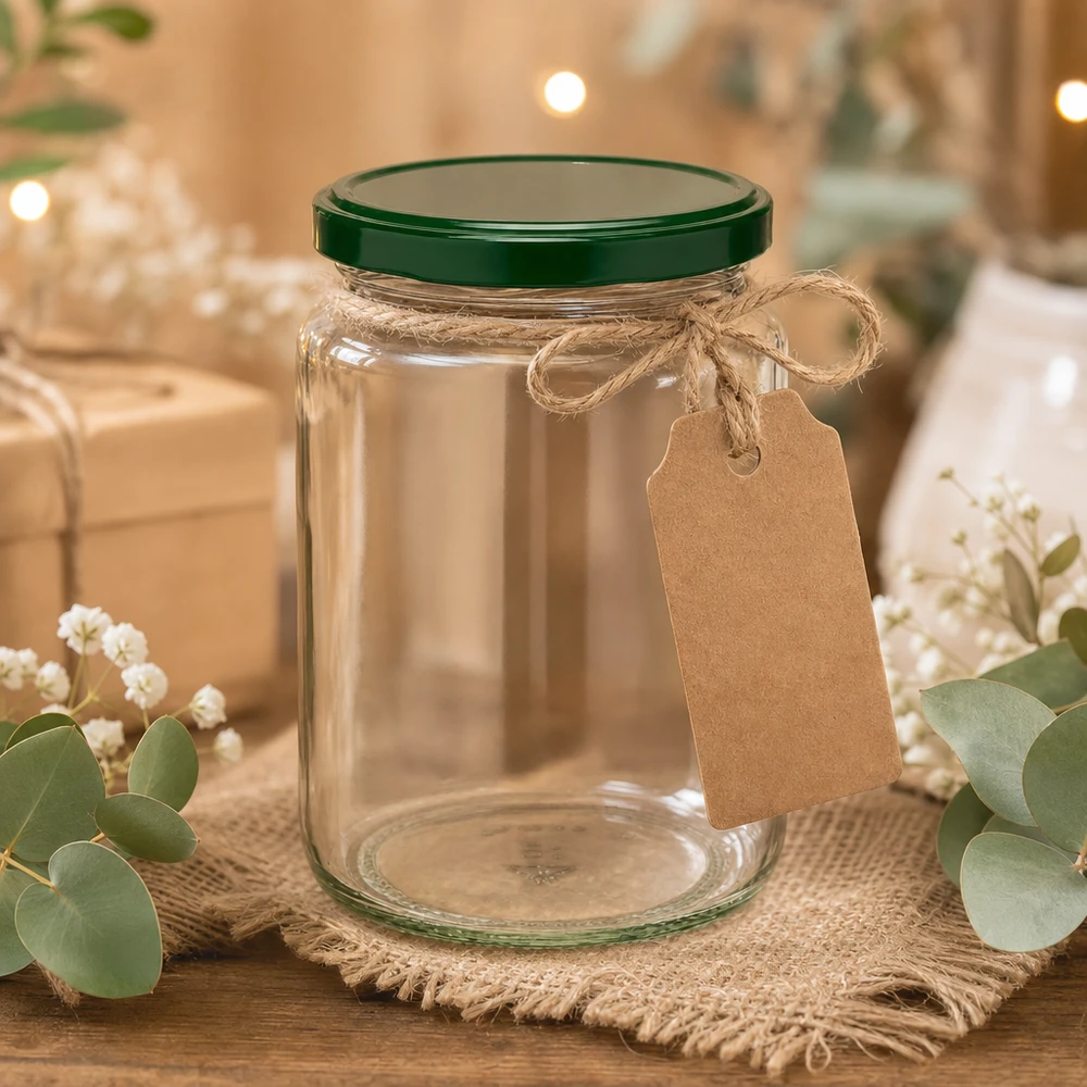 795ml rond glas met BasicSeal deksel groen UNiTWIST 795 ml UNiTWIST ronde pot met groen deksel, kraftpapier label en jute koord - rustieke geschenkverpakking