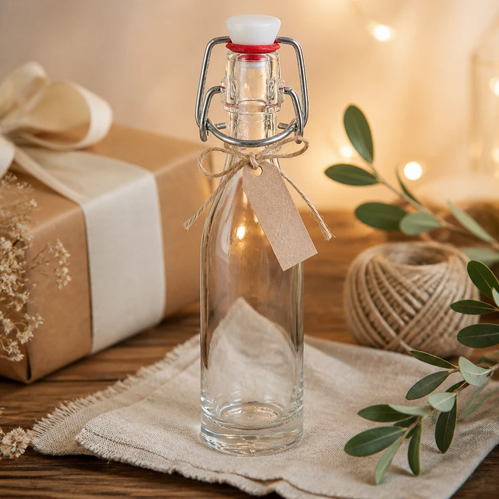 Decoratieve glazen fles van 50 ml met draaidop en bruin lint in een natuurlijke omgeving