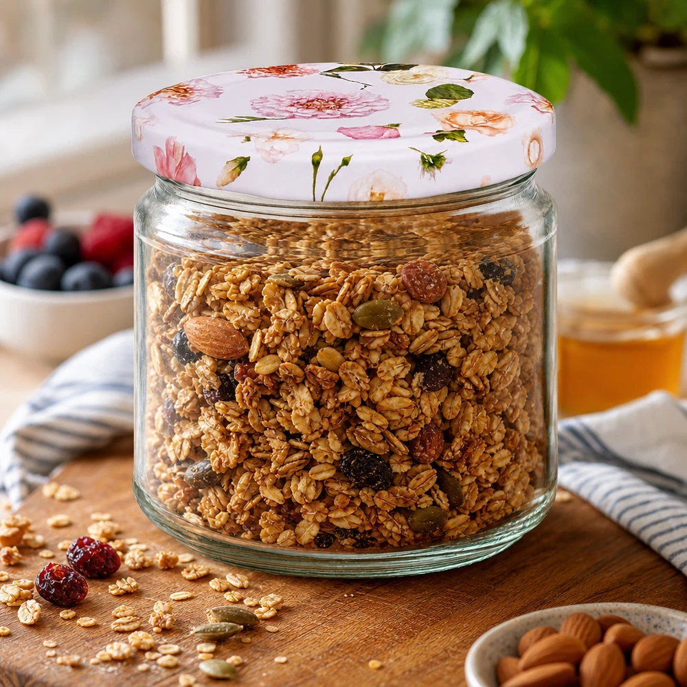 Ronde pot van 330 ml + deksel BasicSeal roze bloem UNiTWIST 330ml ronde pot roze bloemenpatroon gevuld met muesli granola noten sultana's ontbijt voorraadpot keuken