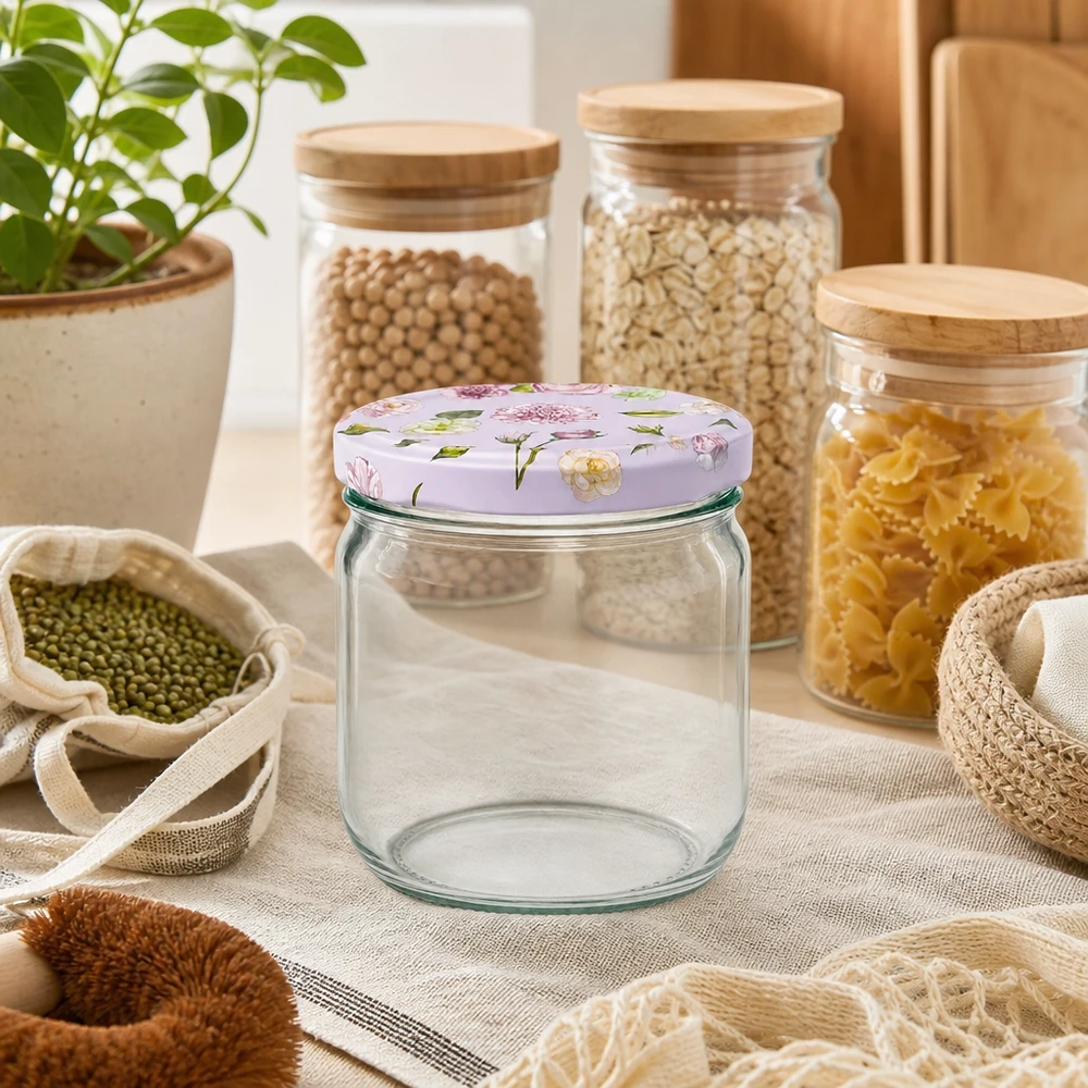 425 ml ronde pot + deksel BasicSeal roze bloem UNiTWIST 425ml ronde pot met roze bloemendeksel in duurzame keuken tussen voorraadpotten en ecozakken