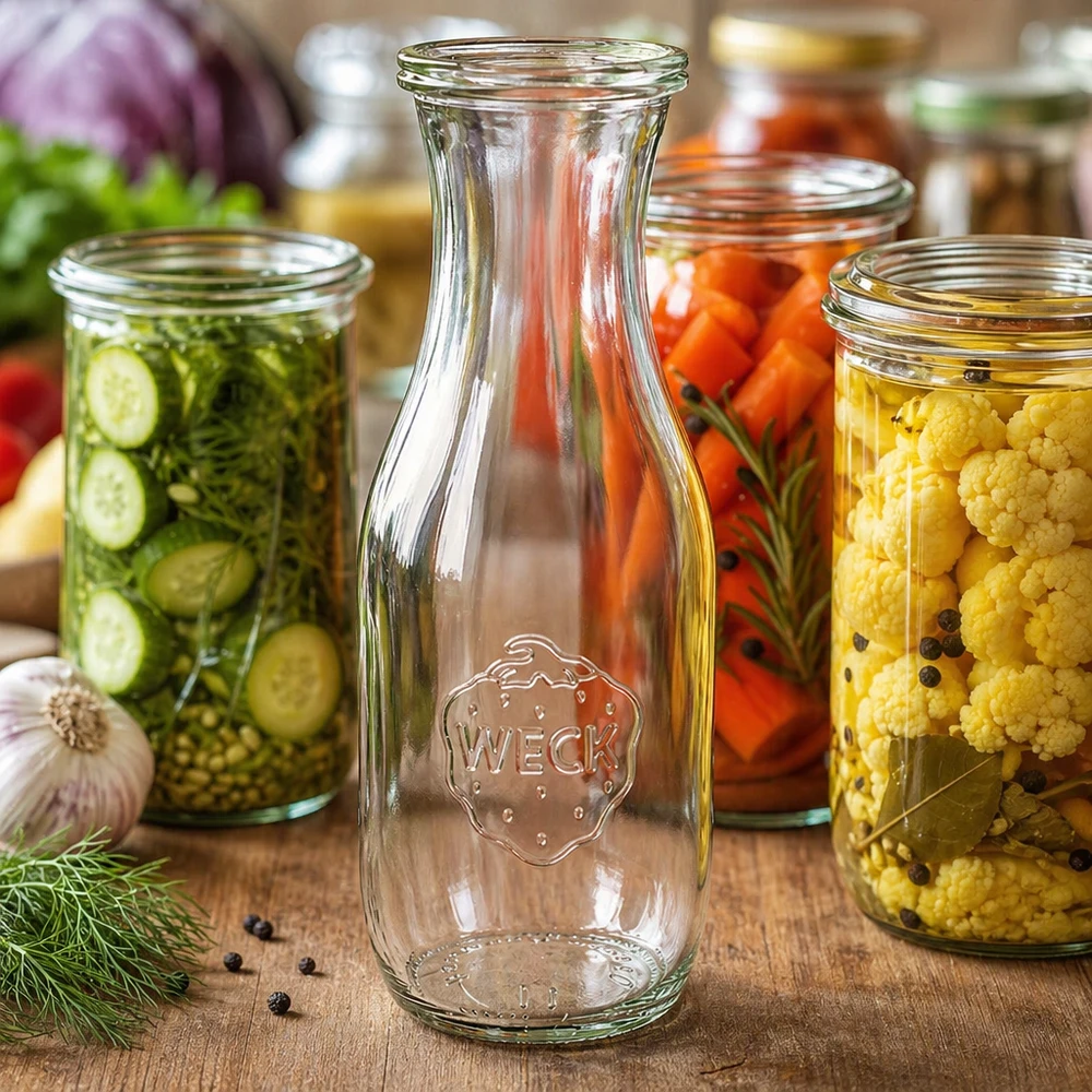 Sapfles van 1062 ml met glazen deksel WECK RR60 WECK glazen fles 1062ml leeg met logo naast kleurrijke inmaakpotten met groenten en kruiden op houten tafel