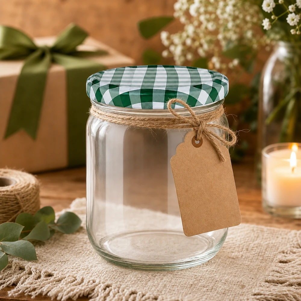 Lege ronde pot van 425 ml met groen en wit BasicSeal deksel en cadeaulabel in rustieke decoratie