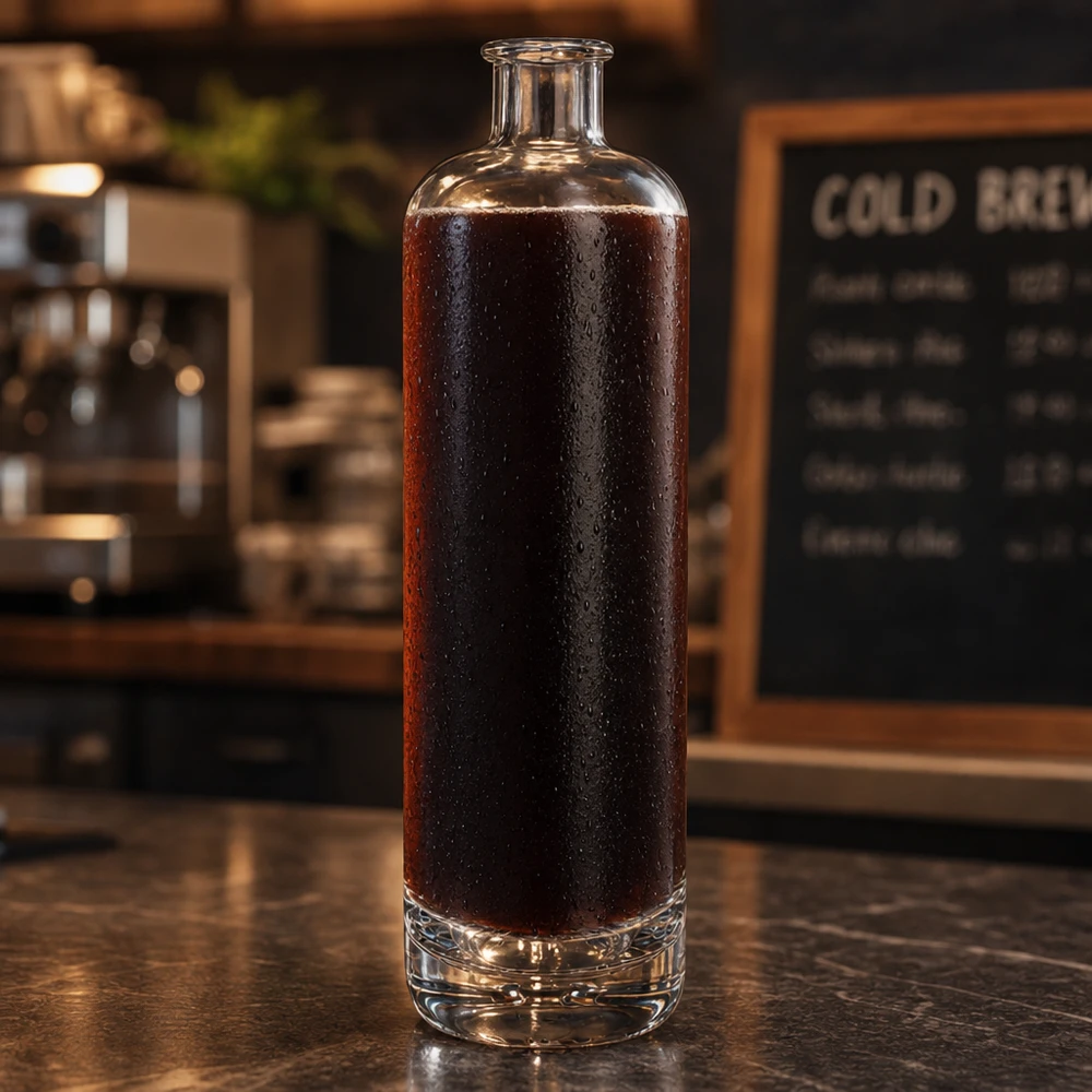 700 ml glazen fles Ella zonder sluiting UNiTWIST® 700 ml glazen fles Ella UNiTWIST gevuld met cold brew koffie op een donkere cafétoonbank met een menubord op de achtergrond