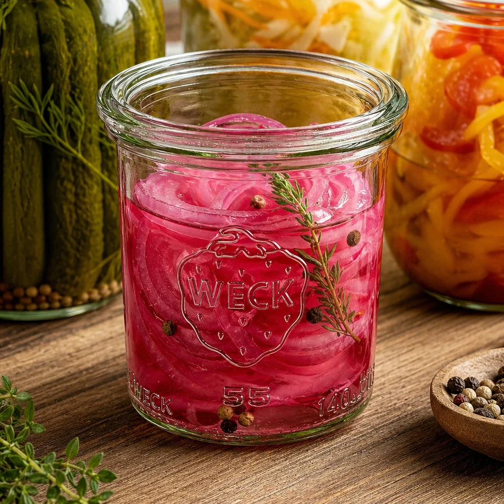 Glazen pot van 140 ml met glazen deksel WECK RR60 WECK Sturzglas 140ml RR60 mit eingelegten roten Zwiebeln Kräutern Pfefferkörnern neben anderen Einmachgläsern