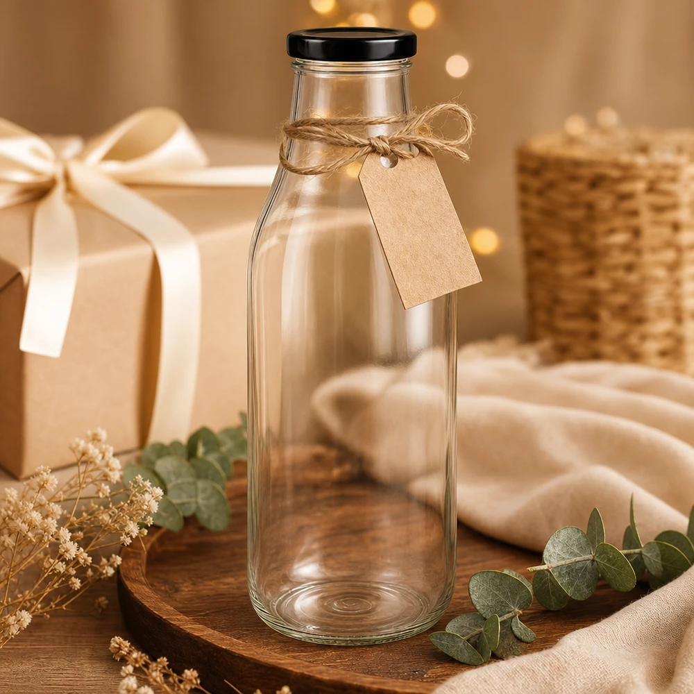 1000ml fles met BasicSeal deksel zwart UNiTWIST 1000 ml glazen fles met zwart deksel als cadeau versierd met raffia lint en kraftpapier label