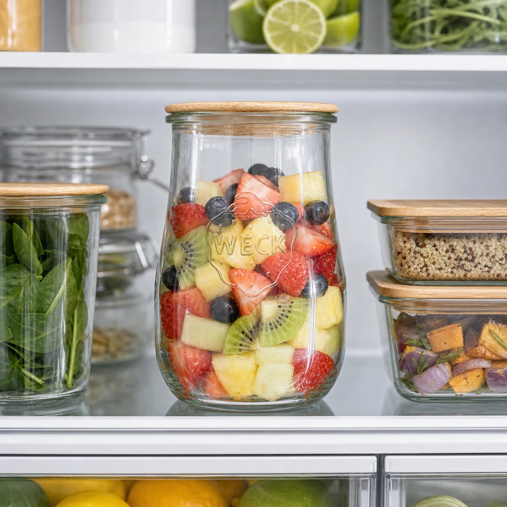 WECK tulp pot 1750ml RR100 met verse fruitsalade in de koelkast, houten deksel, Meal Prep voorraadpot voor fruit