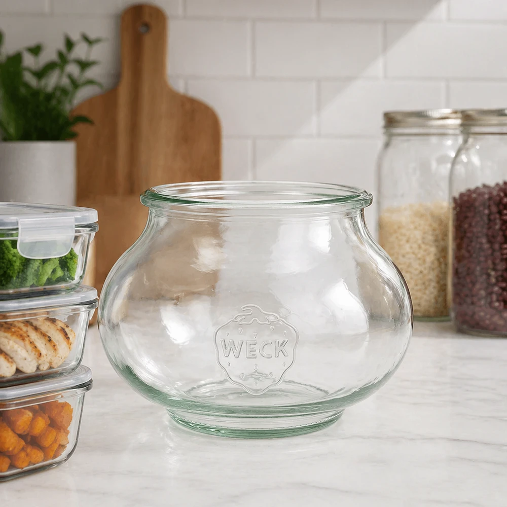 WECK juwelenpot 560ml RR80 in een moderne keuken tussen voorraadpotten en glazen potten op een wit werkblad