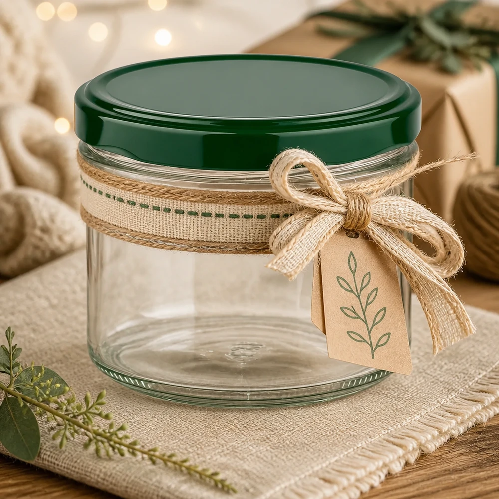 225ml bekers met BasicSeal deksel groen UNiTWIST 225ml bekers groen deksel decoratief met jute lint en cadeaulabel als cadeauverpakking