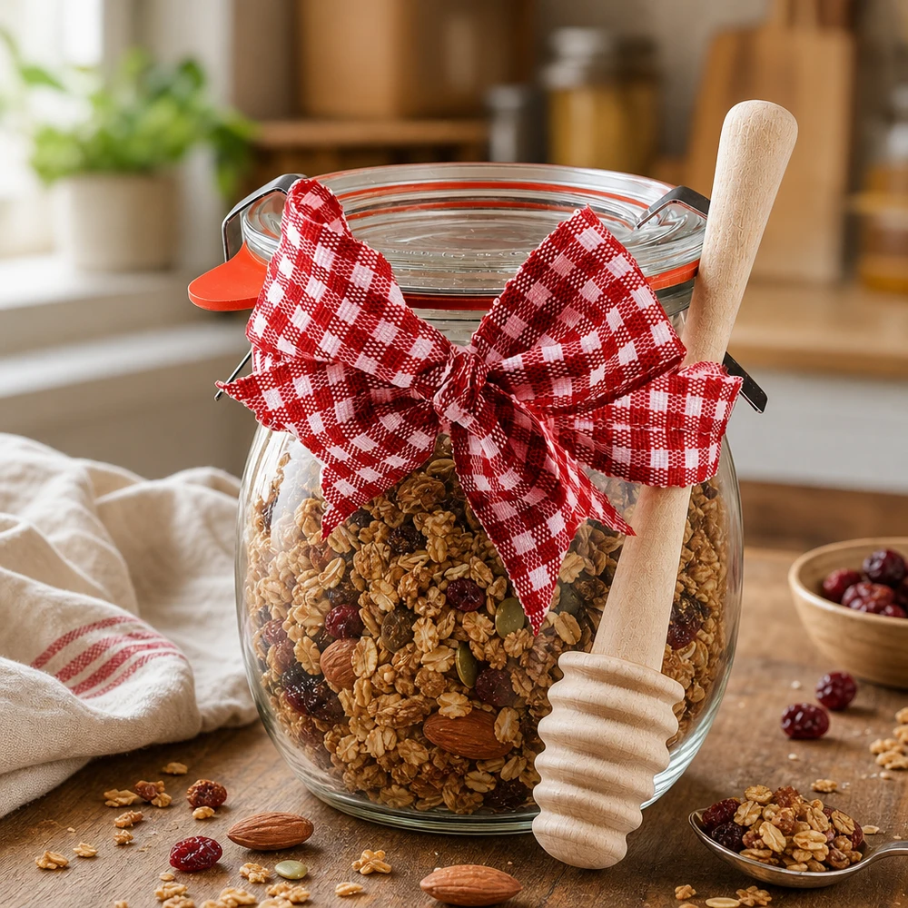 WECK tulpenpot 220ml gevuld met muesli en noten, versierd met rood-wit geblokte strik en honinglepel