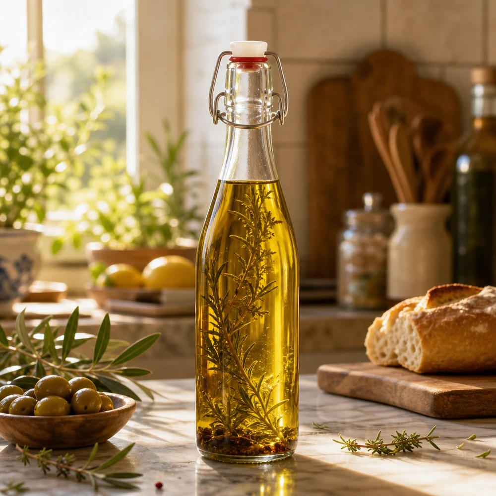 500ml glazen fles met draaidop gevuld met kruidenolie rozemarijn mediterrane keuken opslag kruidenolie