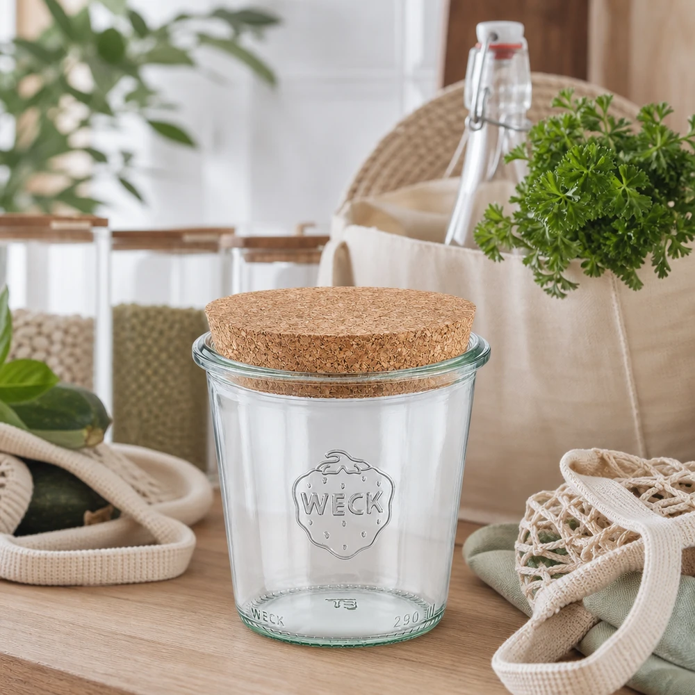 290ml stortglas hoge WECK RR80 met kurk WECK beker 290ml RR80 met natuurkurk in duurzame zero-waste keuken tussen herbruikbare flessen en stoffen tassen
