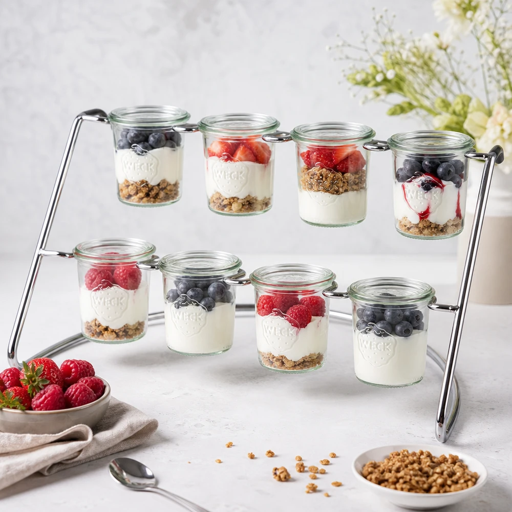 Flato8 serveerrek met yoghurt parfait en bessen in WECK potten als dessertbuffet op een wit marmeren bord