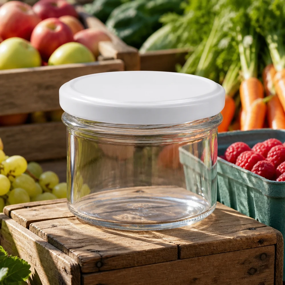 225ml bekers met BasicSeal deksel wit UNiTWIST 225ml lege glazen pot met wit deksel op houten krat tussen vers fruit en groenten van de markt