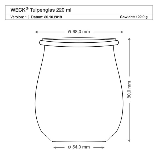 WECK tulpenpot 220ml compleet met honinglepel en strik Technische tekening WECK tulp pot 220ml met afmetingen 68mm diameter, 80mm hoogte en 122g gewicht