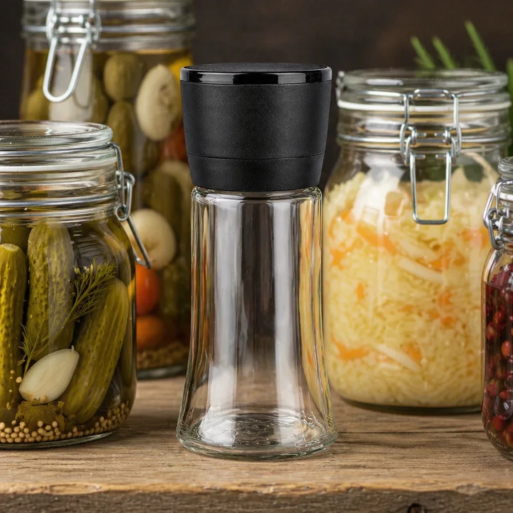 Zout-/kruidenpotje 95 ml met molen Vario zwart Compact kruidenpotje van 95 ml met zwarte Vario-molen tussen ingemaakte groenten in Weck-potten
