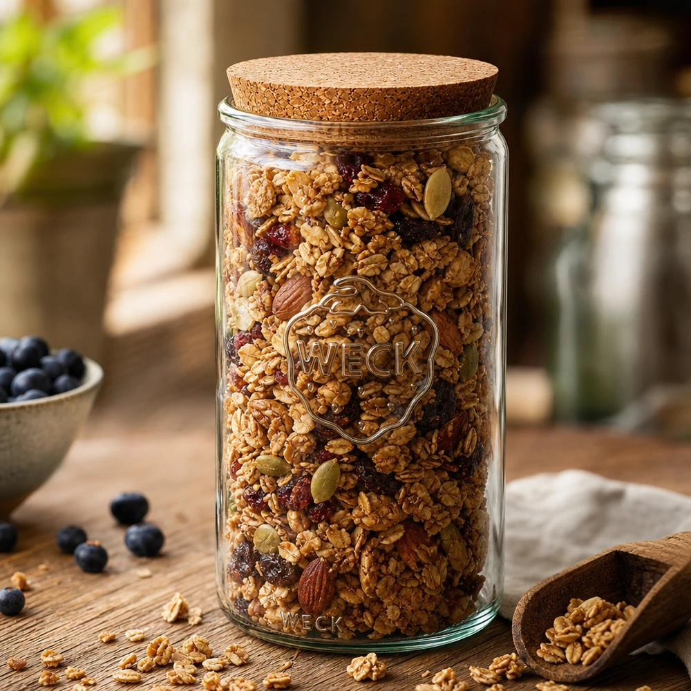 1590ml cilinderglas WECK RR100 met kurk WECK voorraadpot 1590ml RR100 gevuld met muesli noten en gedroogd fruit kurkdeksel keuken decoratie