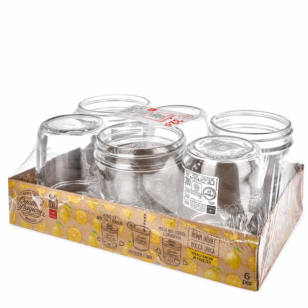 320ml "Quattro Stagioni" bekers met deksel Set van 6 320ml Quattro Stagioni bekers in verkoopverpakking met deksels Bormioli Rocco inmaakpotten set