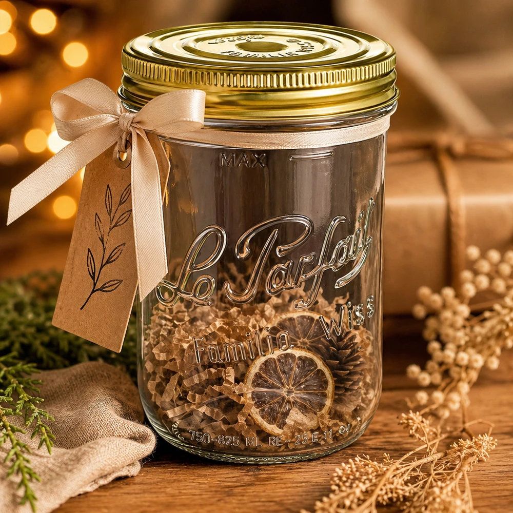 Le Parfait® Familia Wiss 1 kg Ø100 mm pot 1020ml Familia Wiss bekers met gouden deksel en beige strik gevuld met gedroogde citrusschijfjes op een houten deksel.