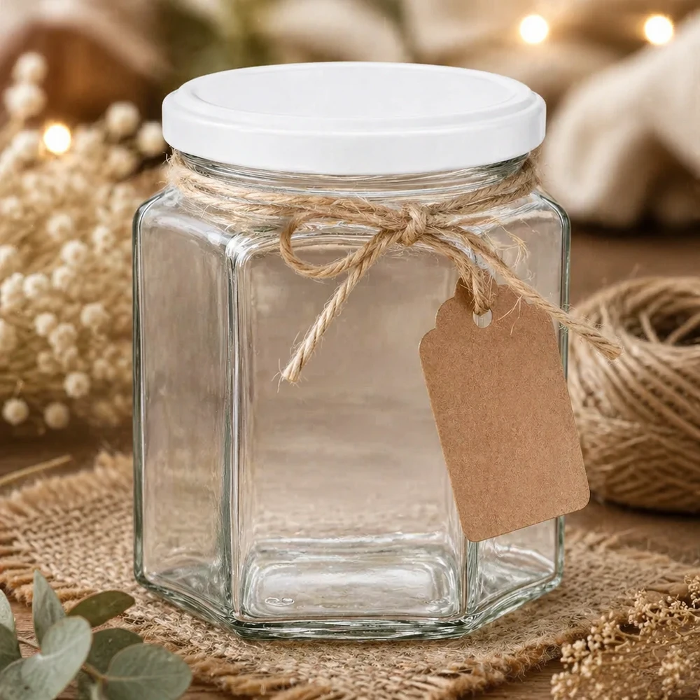 Honingpot 400 g met witte deksel BasicSeal UNiTWIST 400g honingpot zeshoekig leeg met kraftpapier label en jute koord als geschenkverpakking op een natuurlijke tafel
