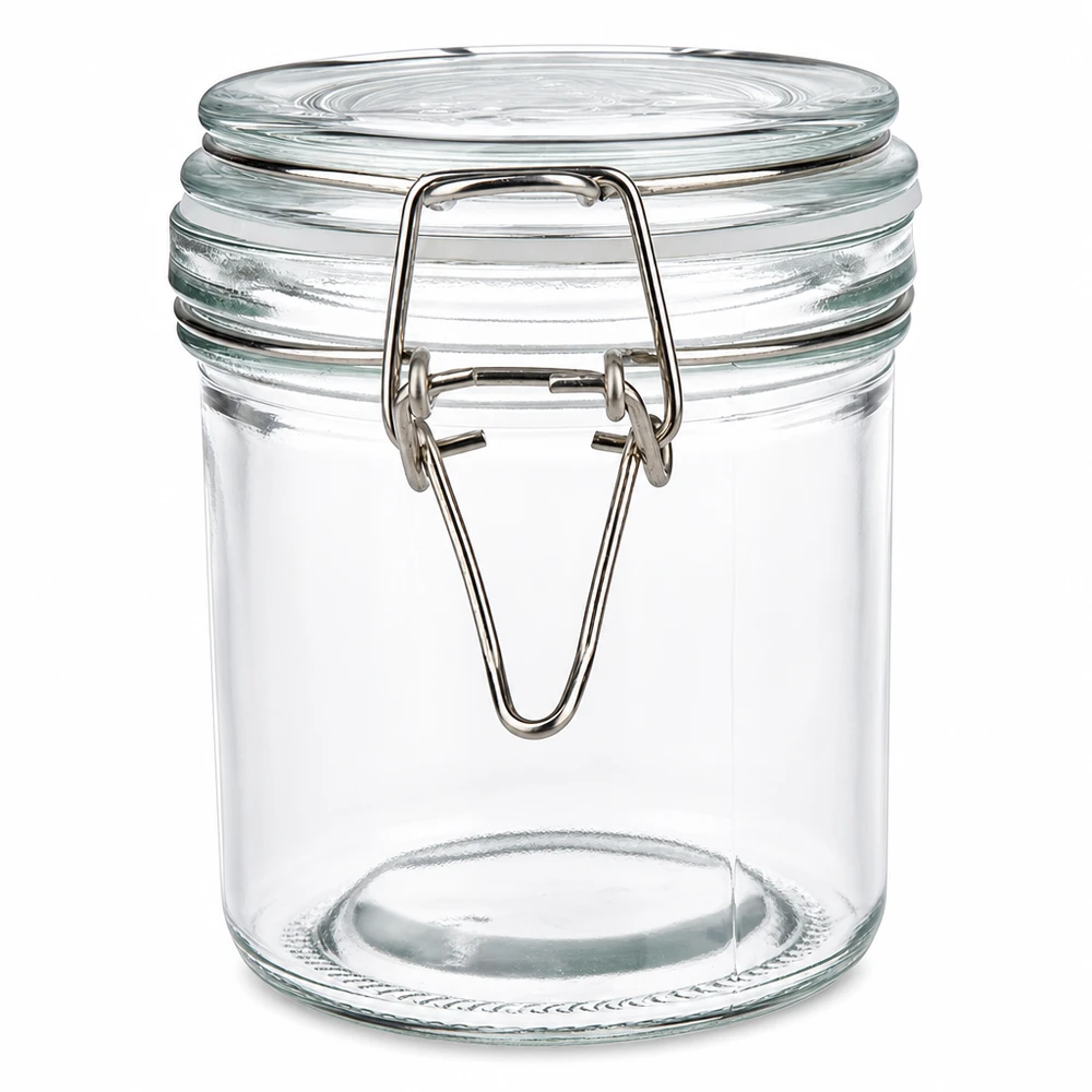 Ronde inmaakpot 250ml van helder glas met metalen handvat voor keuken en opslag
