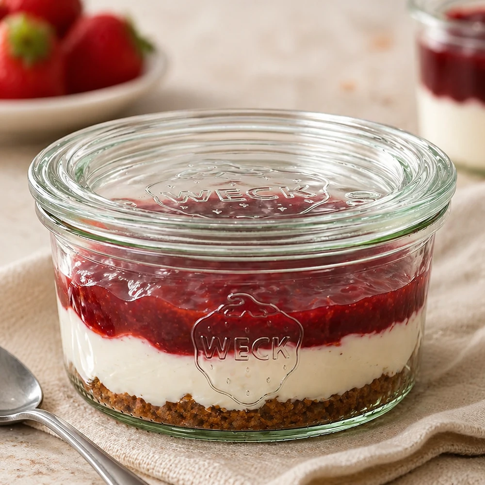 165ml stortglas met glazen deksel WECK RR80 WECK RR80 bekers van 165 ml gevuld met gelaagde desserts tonen veelzijdigheid voor desserts en portionering